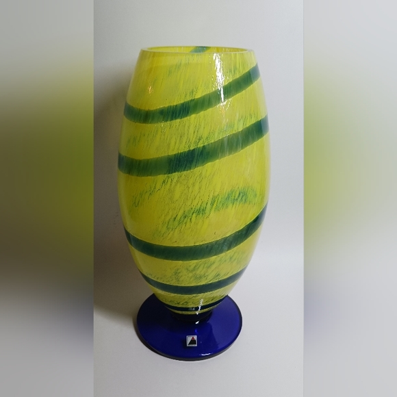 Vintage Czech Art Glass Hand Blown Yellow w/Blue Swirls Vase 11" - Picture 1 of 7